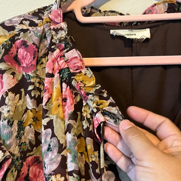 Entro Floral Print Chiffon Blouse Ruffle Neck Boho Romantic Short Sleeve Top  M‎ - Picture 8 of 12